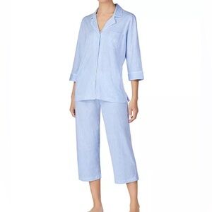 Lauren Ralph Lauren Bingham Knit Monogram Jersey Cropped Blue Striped Pajama Set